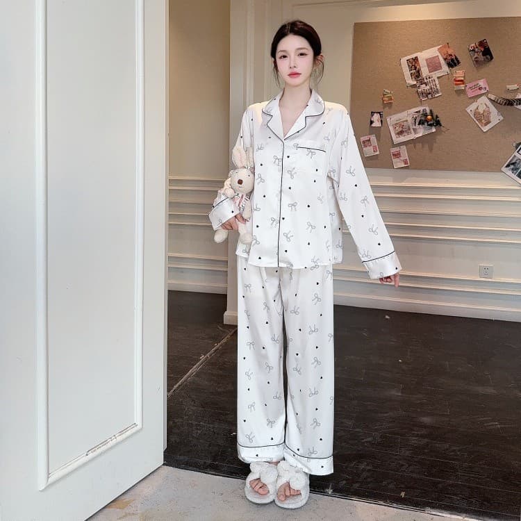 2026 New Pajama Set with Long Pants and Long-Sleeve Cardigan, Cartoon Print, Sweet and Cute Girl Style, Ice Silk Loungewear Set