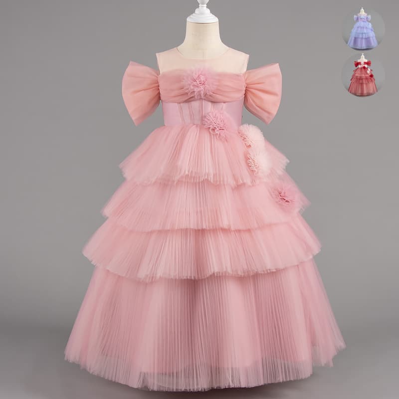 Children's Girl Photography Dress Pink Sweet Princess Layered Cake Skirt Long Dress Girl Wedding Gown