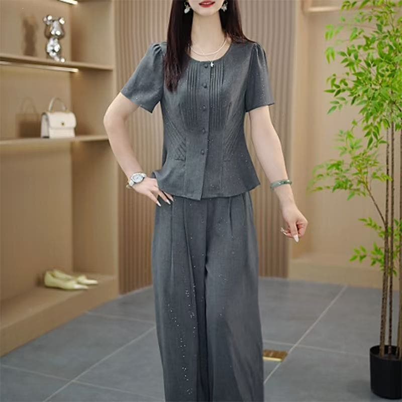 【Two-Piece Set】Fashionable Outfit 2026 Summer Age-Reducing Top + Casual Pants Set 2206 Dark Gray Beaded