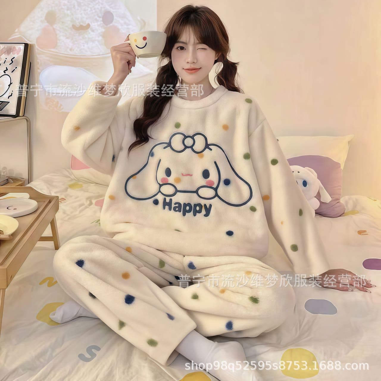 Export Cartoon Winter Pajamas for Women Coral Fleece Warm Long Sleeve Flannel Cute Girls' Homewear Set