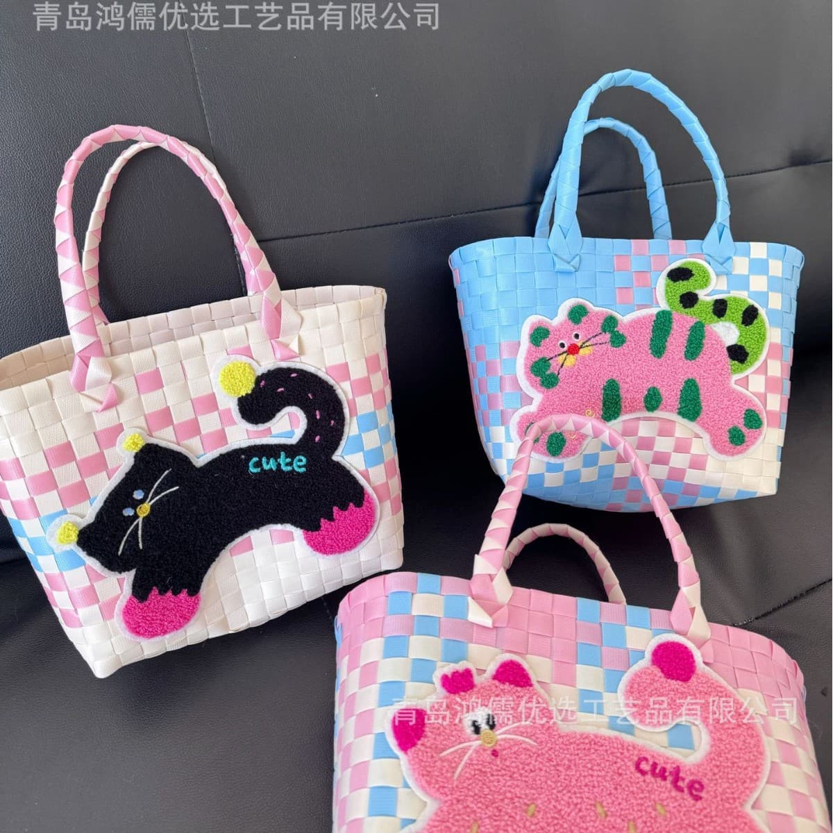 Birthday 100-Day Celebration Children's Day Woven Handbag Gift Bag Colorful Plaid Cartoon Decoration Women's Bag