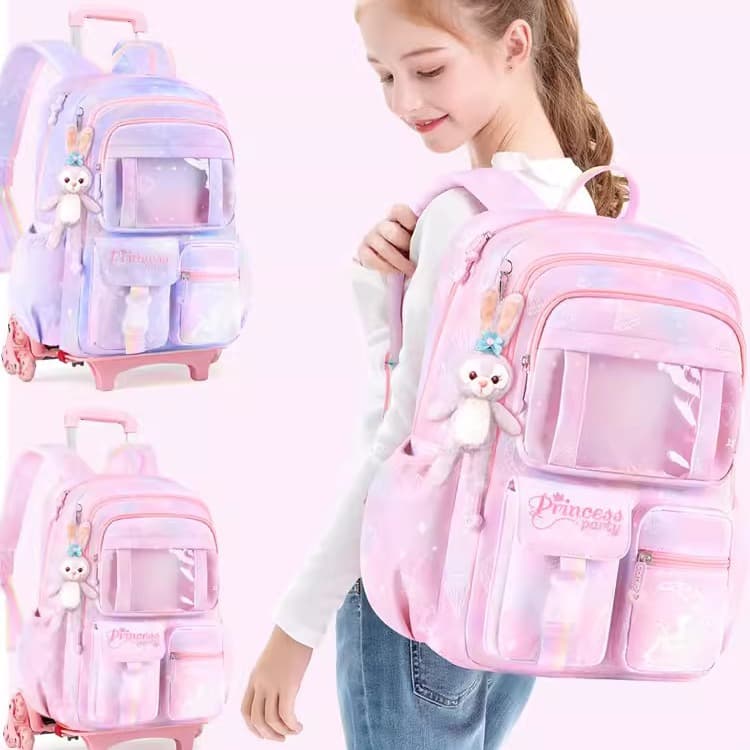 Waterproof rolling backpack for elementary school girls, suitable for grades 1-6 with large capacity and easy stair-climbing design.
