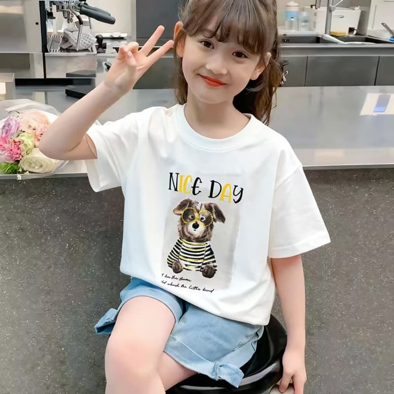 Suoluona Pure Cotton Big Kids Girls Short Sleeve T-Shirt, Summer New Print Trendy Baby Girls Short Sleeve Top