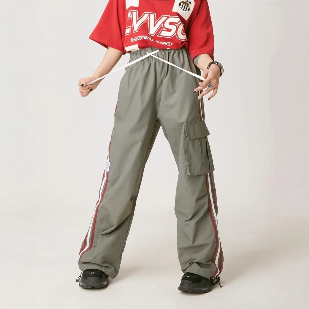 American Style Cargo Pants for Women Summer Loose Straight Wide Leg Casual Pants Retro Contrast Stripe Sport Outdoor Trousers Trendy