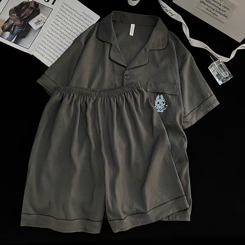 Summer Men's Cloud Cotton Two-Piece Short Pajama Set, Simple Solid Color Embroidered Lapel Cardigan, Thin Home Wear