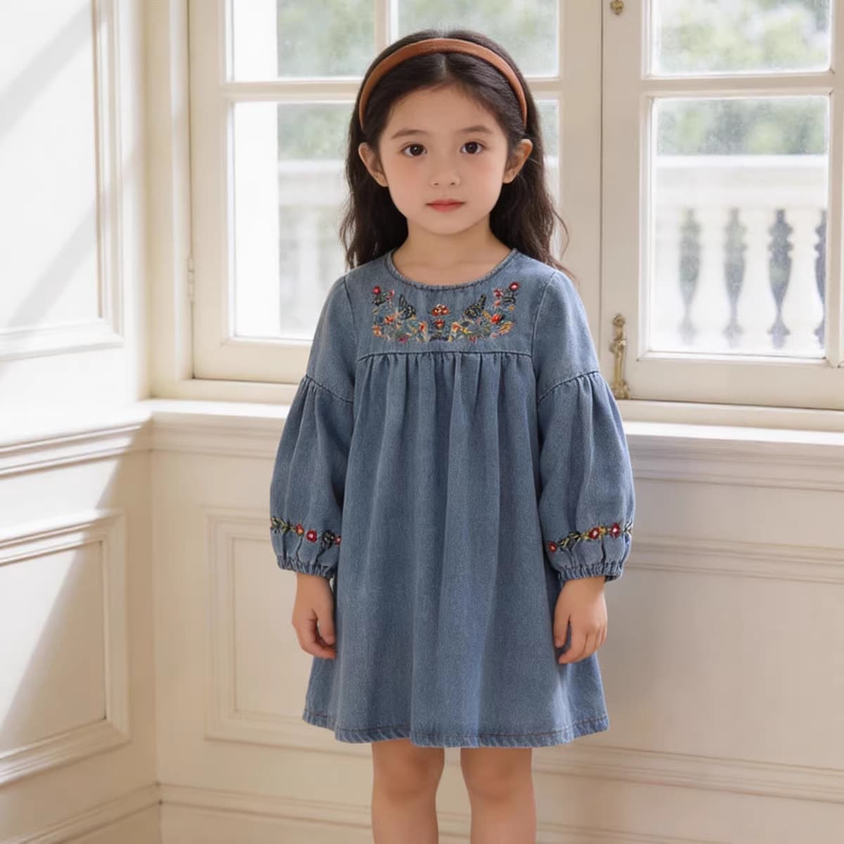 MDD New Girls Dress 2026 New Children's Clothing Baby Cute Denim Long Sleeve Embroidered Floral Denim Skirt