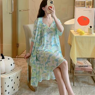 Best-selling sexy sleepwear for women in Southeast Asia, summer ice silk nightgown and robe set, solid color loungewear, bulk orders with discounts