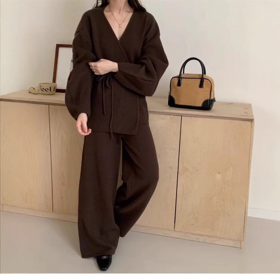 2025 Autumn/Winter New Fashion American Retro Casual Knit Set Women Cardigan Jacket Wide Leg Pants Two-Piece Set