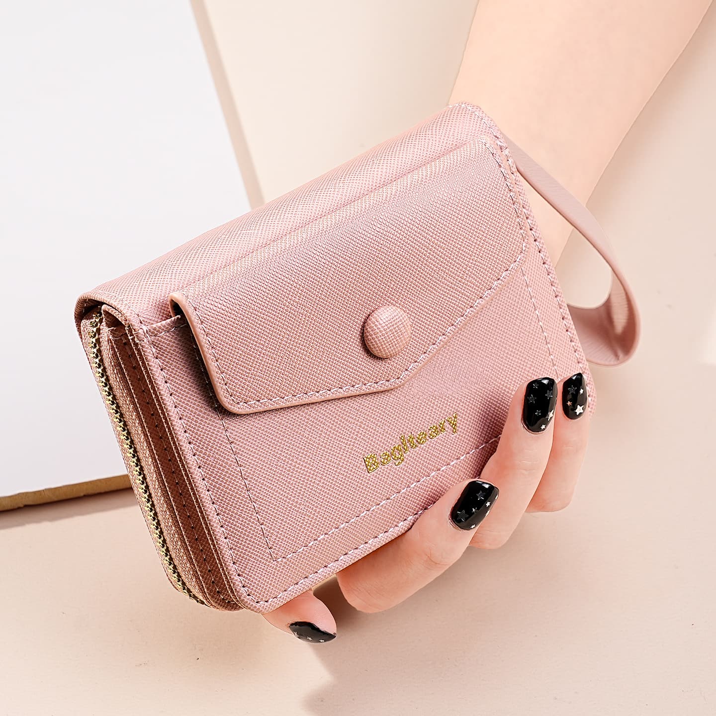 New Women's Short Wallet Multi-function Handheld Single Zipper Wallet Korean Style Snap Button Solid Color High-end