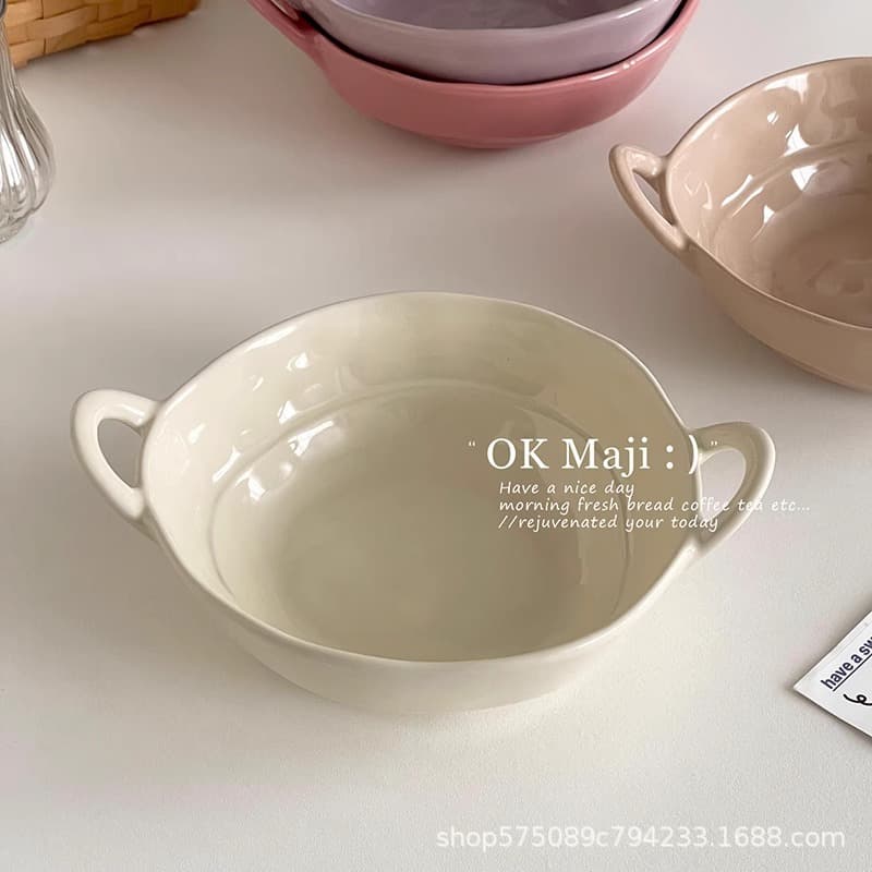 High-Looking Double-Eared Bowl, Household Yogurt Dessert Salad Fruit Bowl, Ceramic Tableware Plate, Soup Bowl, Cute Instant Noodle Bowl