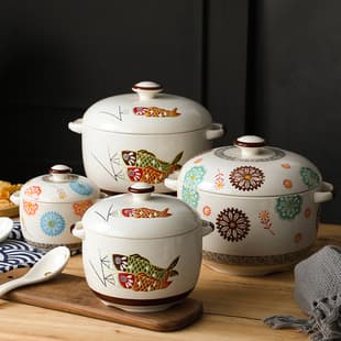 Japanese Underglaze Ceramic Stewing Pot Hand-painted Carp Relief Double-boiler with Lid for Buddha Jumps Over the Wall Dessert Bird's Nest Soup Pot