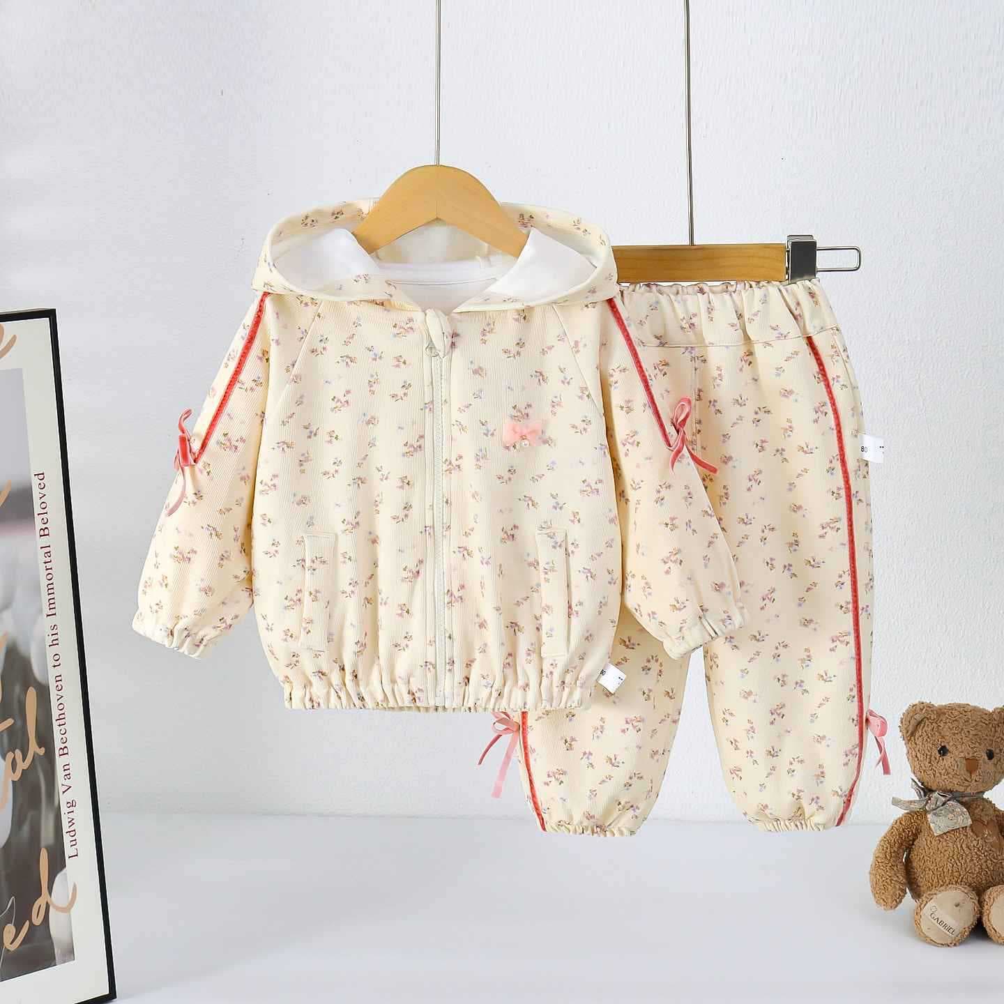 Girls floral suit spring and autumn hooded zipper jacket leggings trousers two-piece set girls fashionable bow children's clothing