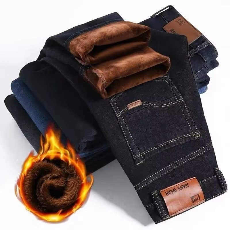 In Stock Fleece-Lined Thickened Jeans Wholesale Men Autumn Winter New Style Straight Leg Warm Men's Winter Casual Outerwear Long Pants