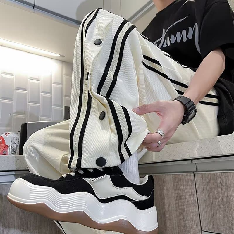 Striped Casual Pants For Men New Spring Trendy Hong Kong Style Loose Fit Straight Leg Pants Fashionable Button Design Bell Bottom