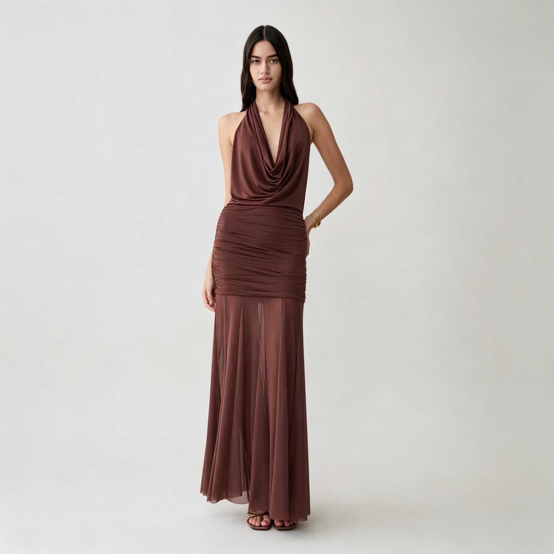 Cross-border women's fashionable and sexy dress design backless swing collar hip skirt mesh splicing pleated halter neck dress