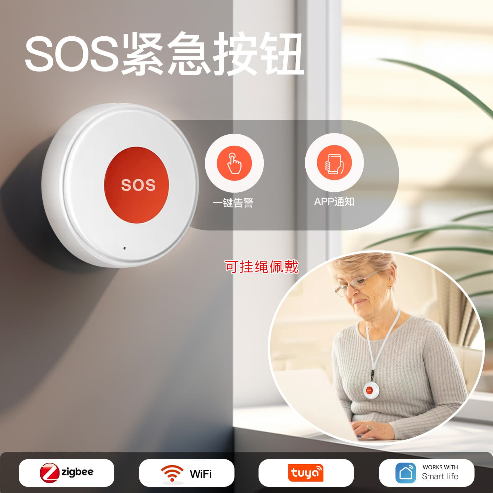 Tuya WiFi/Zigbee Smart Security SOS Switch App Emergency Alarm for Home Use