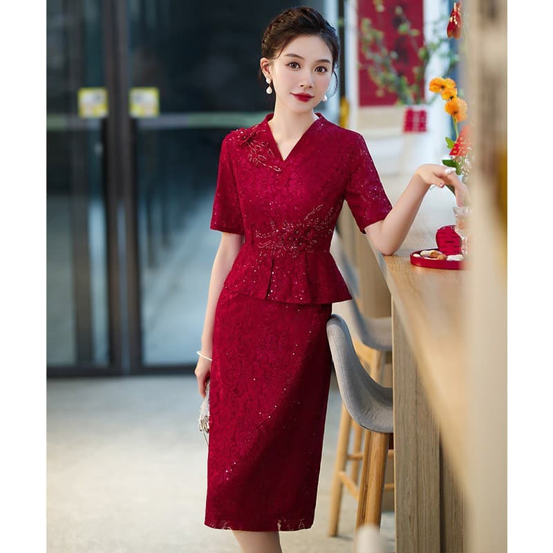 Elegant Mother of the Bride Wedding Dress Cheongsam Banquet Outfit Plus Size Red Wedding Gown High-End Spring Women