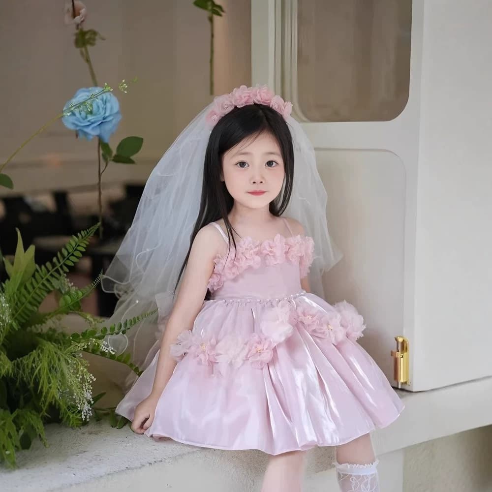 Girls' Pink Floral Strap Princess Dress Tulle Tutu Flower Girl Birthday Party Dress Sweet Style
