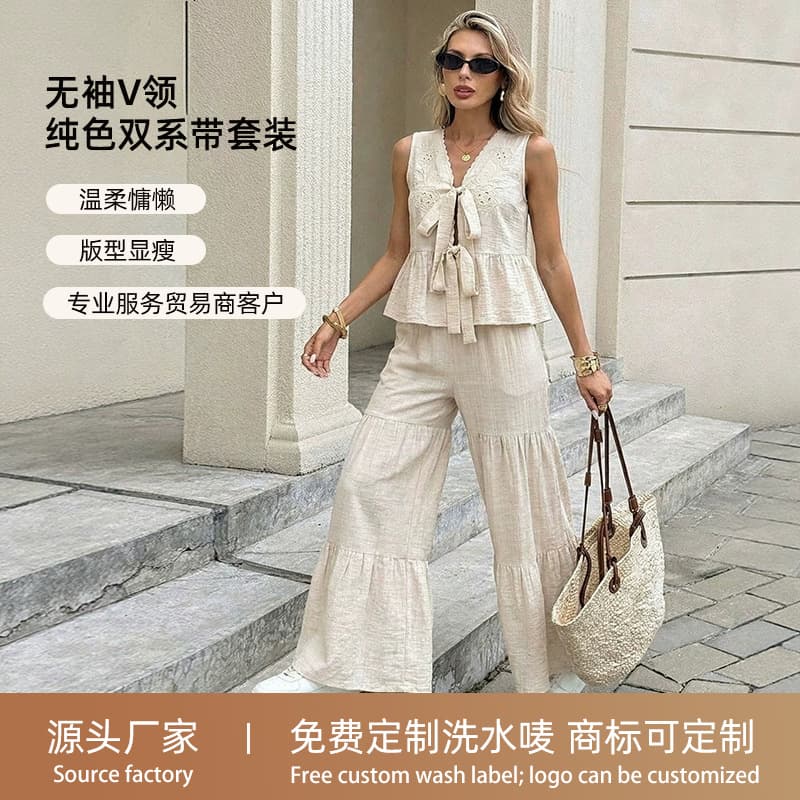 Cross-border 2026 Spring/Summer Fashion Sleeveless V-Neck Double Tie Front Hollow Embroidery Ruffle Wide-Leg Flared Pants