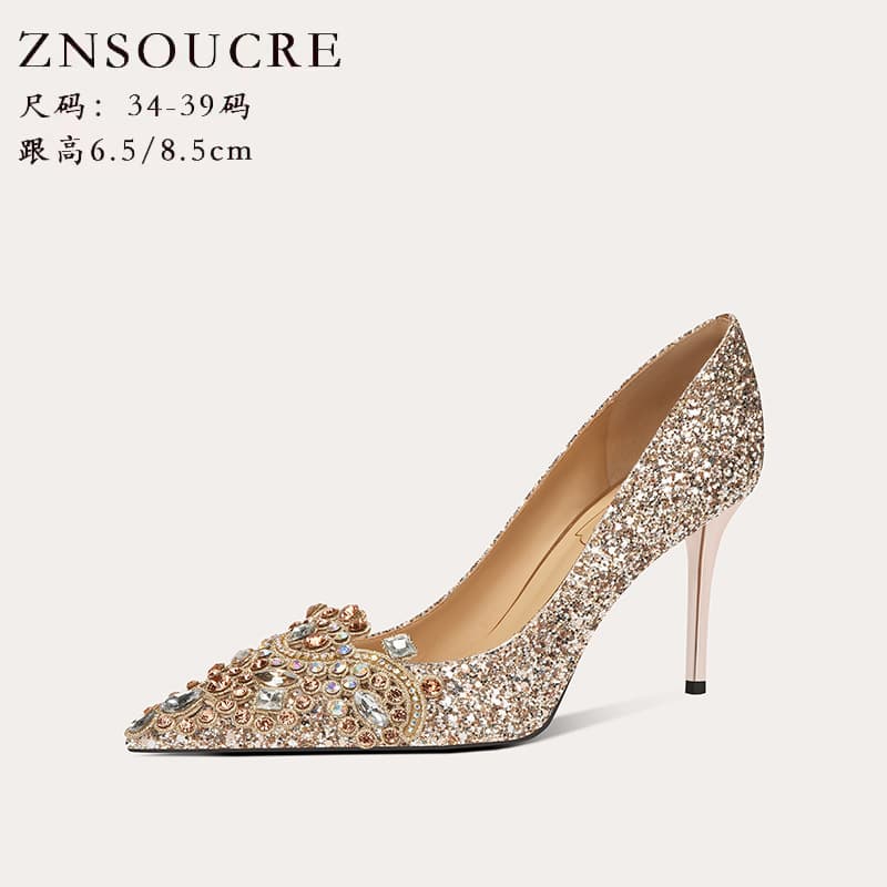 708-9 Wedding Bride's Shoes Wedding Shoes Women's Xiuhe Wedding Dress Metal Pointed Crystal Sheepskin High Heels Stiletto Single Shoes