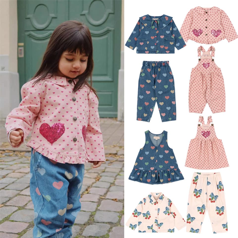 In stock 2025 Autumn/Winter New Children's Clothing KS Style Heart-Shaped Denim Set Jacket Pants Sequin Vest Dress Overalls