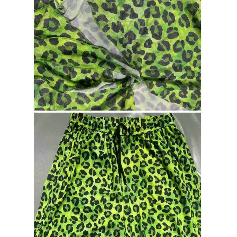 Fluorescent green loose leopard print overalls for women summer new casual sports pants dancing wide leg pants