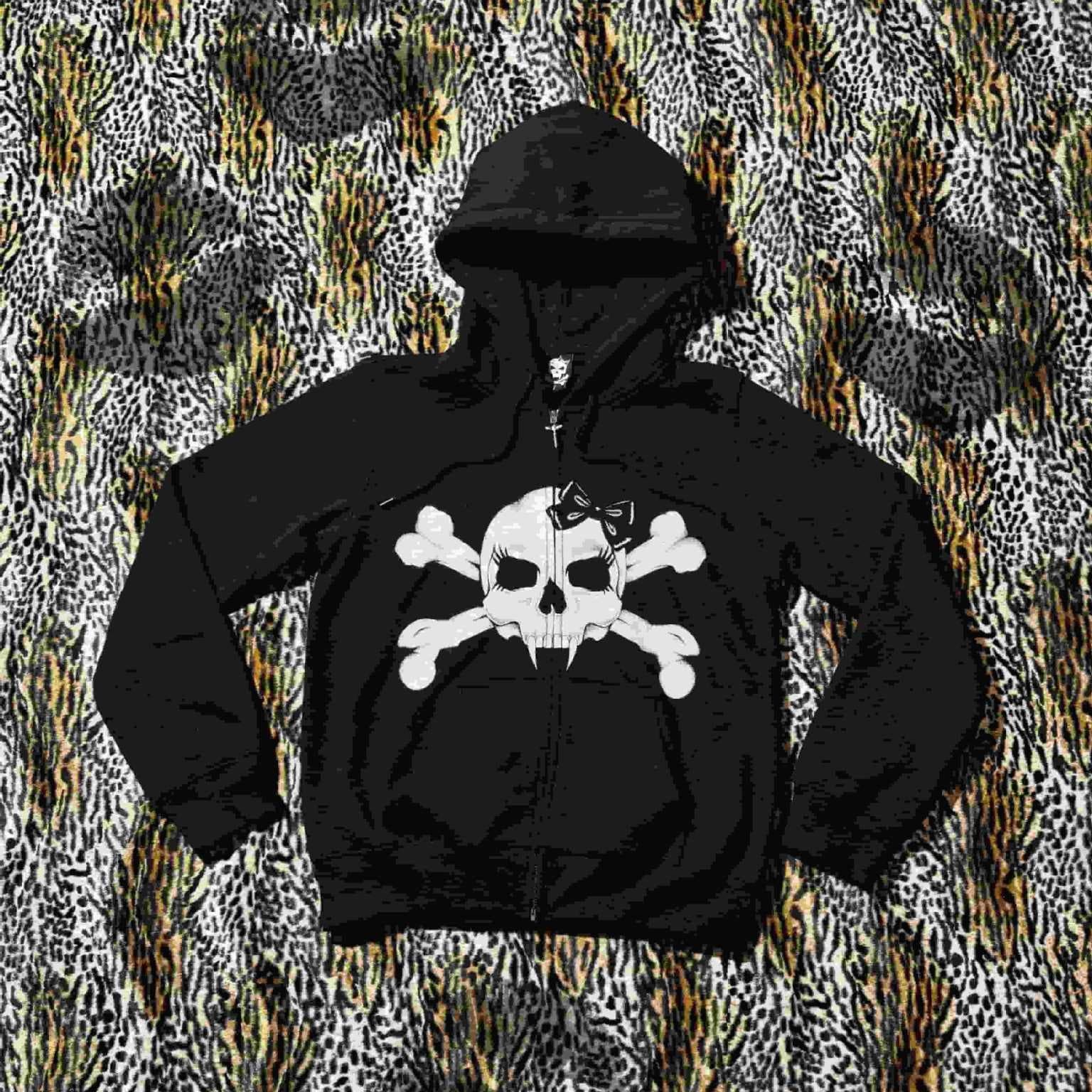 Harajuku Yabi Style Dark Zipper Hoodie with Bowknot and Skull Print, Loose Fit, Long Sleeve Cardigan