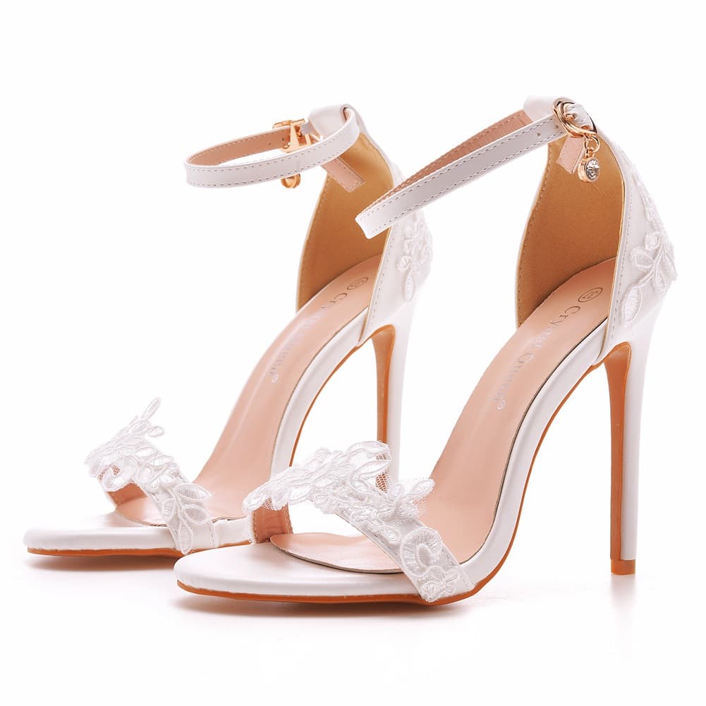 11cm Stiletto Heel Sandals, White One-Strap Buckle Shoes, Stiletto Heel Fish Mouth Roman Sandals, Lace Stiletto Heel Sandals