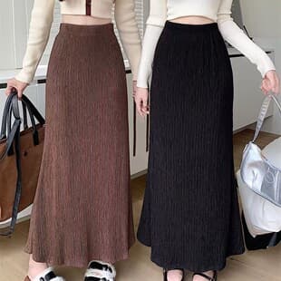 Actual Price - Lazy Style Pleated A-Line Fishtail High-Waist Skirt for Women, Autumn New Arrival, Casual Slim-Fit Maillard Long Skirt