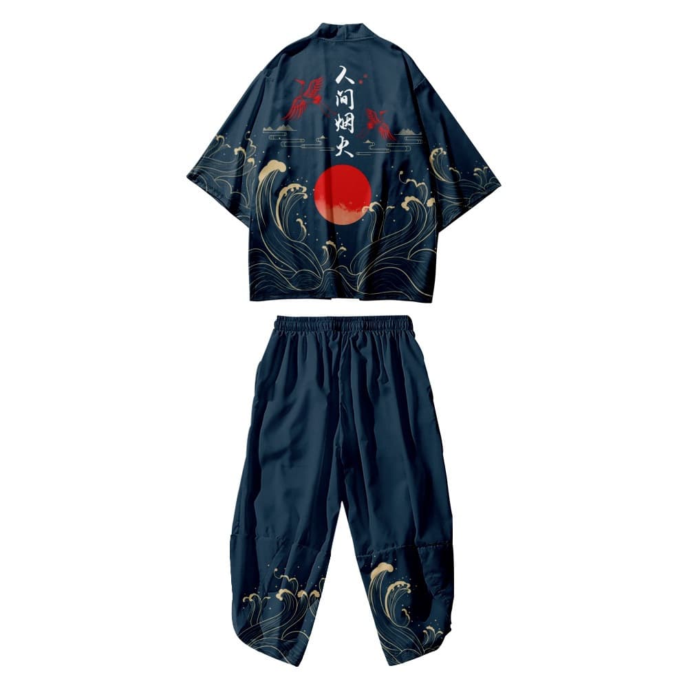 2023 New Style Dragon Illustration Casual Feathered Robe Kimono Three-Quarter Pants Men's Large Size Casual Suit