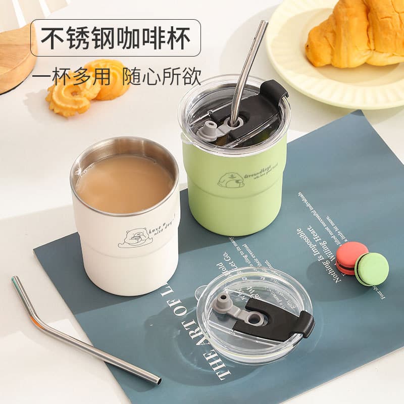 Cross-Border 304 Stainless Steel Coffee Mug, Double-Walled Thermal Cup for Office Use with Straw and Tea Infuser