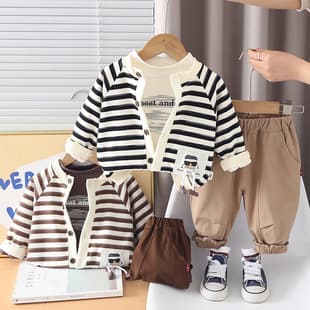 Boys' Set 2026 New Style Spring/Autumn Kids' Fashionable Casual Striped Cardigan 3-Piece Set