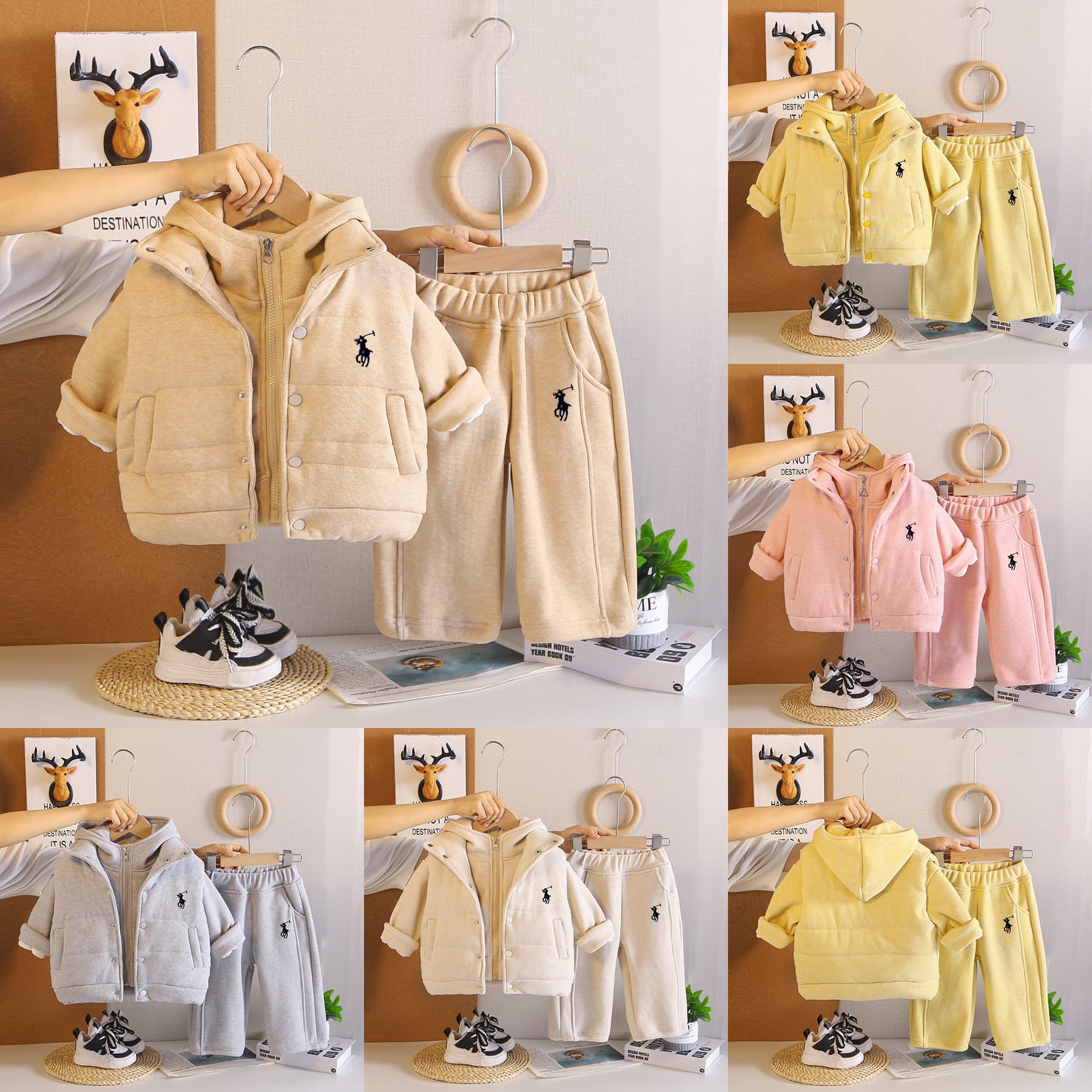 Boys' Winter Fleece-Lined Thickened Hooded Set, New Kids' Girls' Winter Warm Cotton Jacket and Vest 3-Piece Set