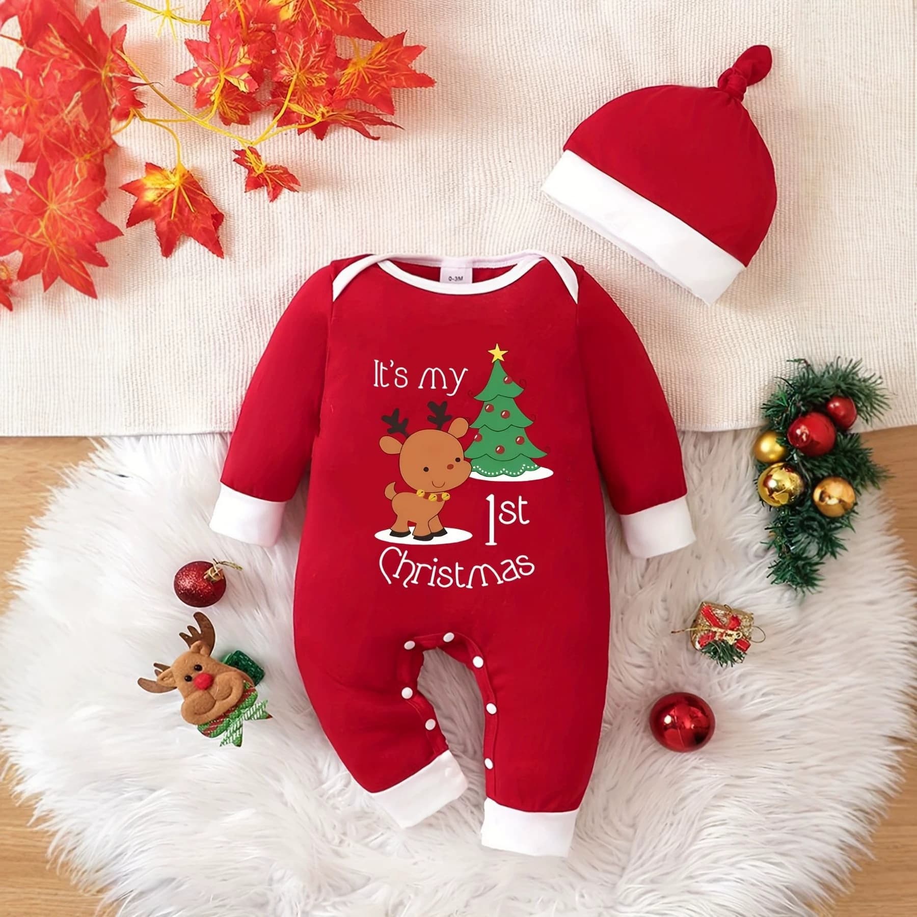 INS Newborn Baby Boys Girls Christmas Holiday Reindeer Christmas Tree Letter Print Long Sleeve Romper Jumpsuit