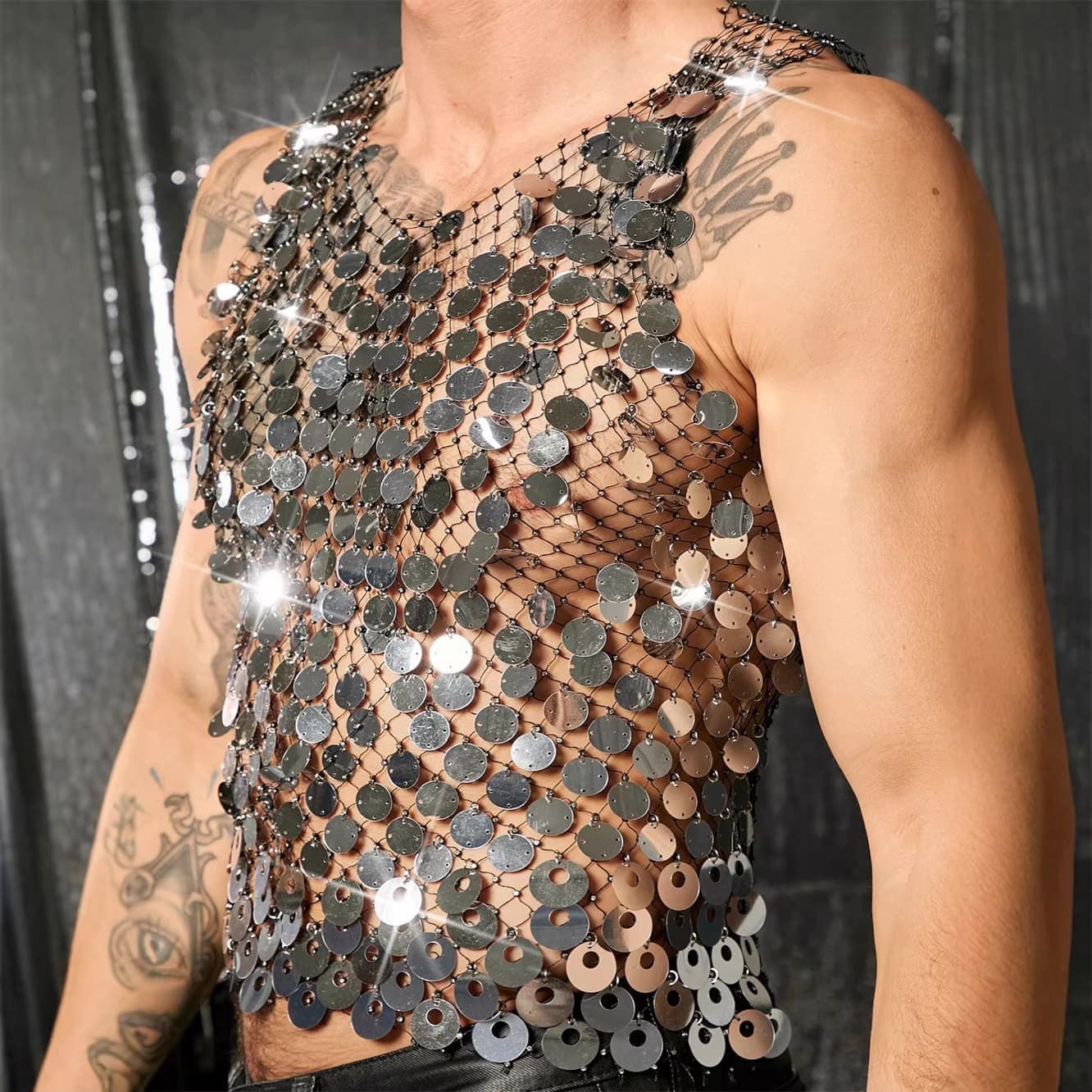 European and American Heavy Sequin Hollow Vest Strap Short Retro Nightclub Sequin Trendy Sexy Vest Top Men's Clothing