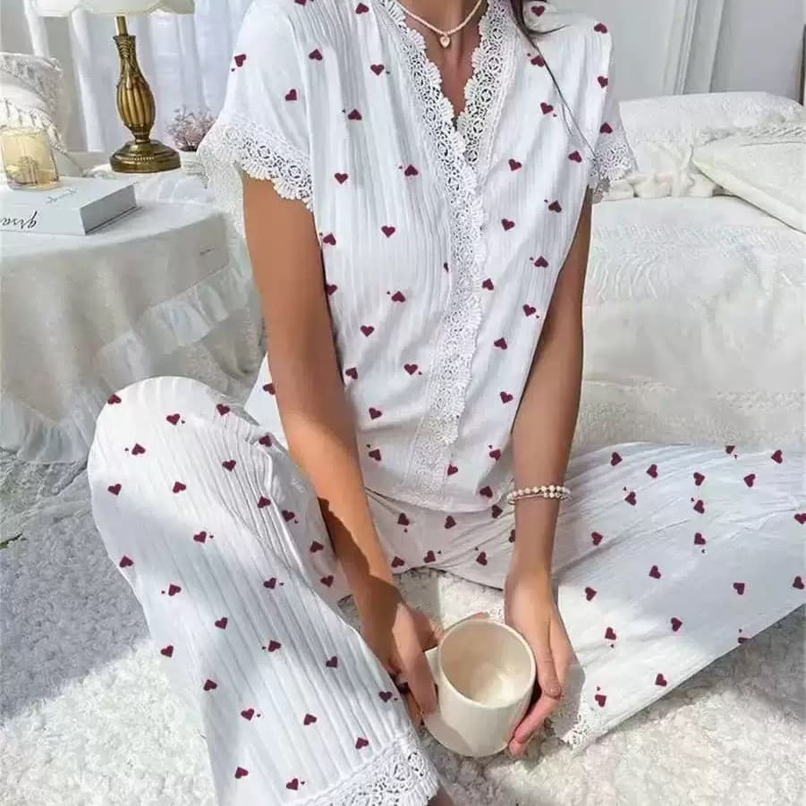 Cross-border new European and American style women's pajamas sexy collar lace cherry print shirt slim trousers home wear pink flower