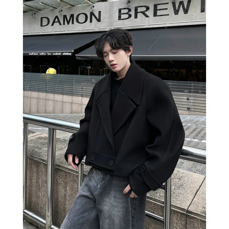 Youth Trendy Autumn Winter New Solid Color Long Sleeve Short Jacket Loose Fashion Wool Coat Suit Collar Woolen Outerwear