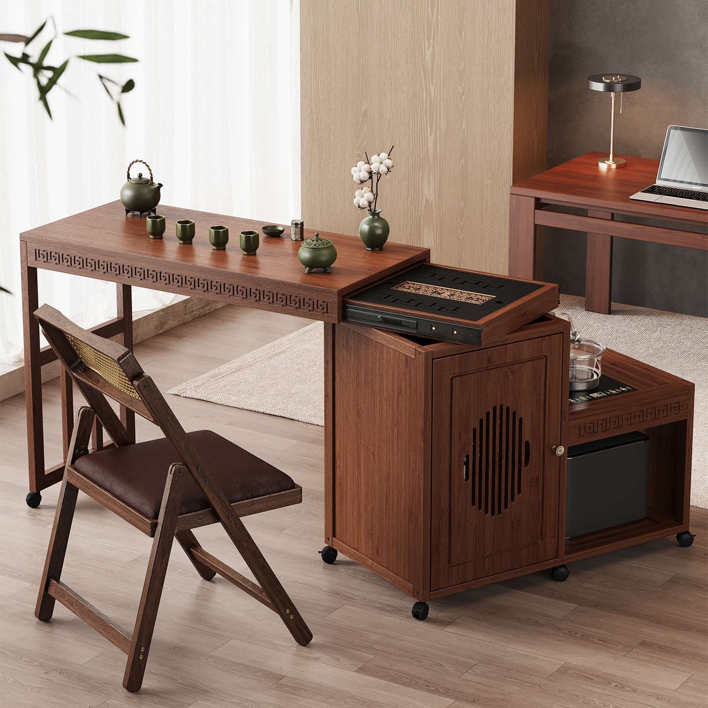 Mobile Tea Cart Rotating Tea Table Sofa Side Cabinet New Chinese Retractable Small Tea Table