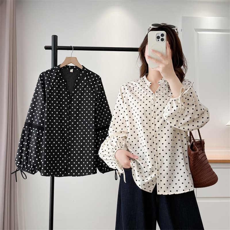 2026 Spring Plus Size Polka Dot Long Sleeve Blouse Half Open Collar Floral Lace Top Cardigan 780