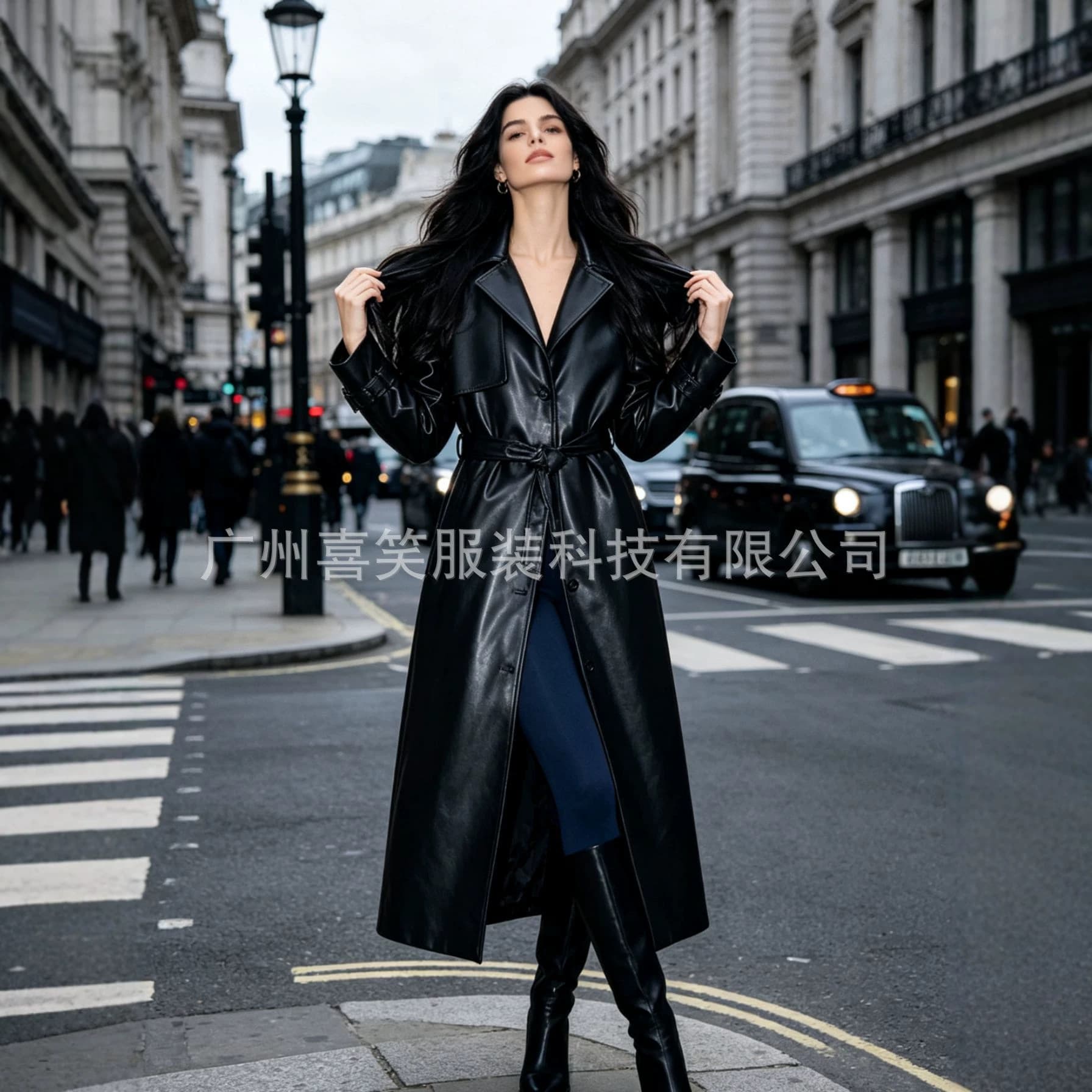2026 New European and American Style Turn-down Collar Long PU Leather Jacket Women Extended Belt Tie Loose Trench Coat