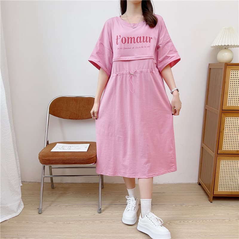 Maternity Plus Size Summer Adjustable Waist Cross-Zip Nursing Dress 9228