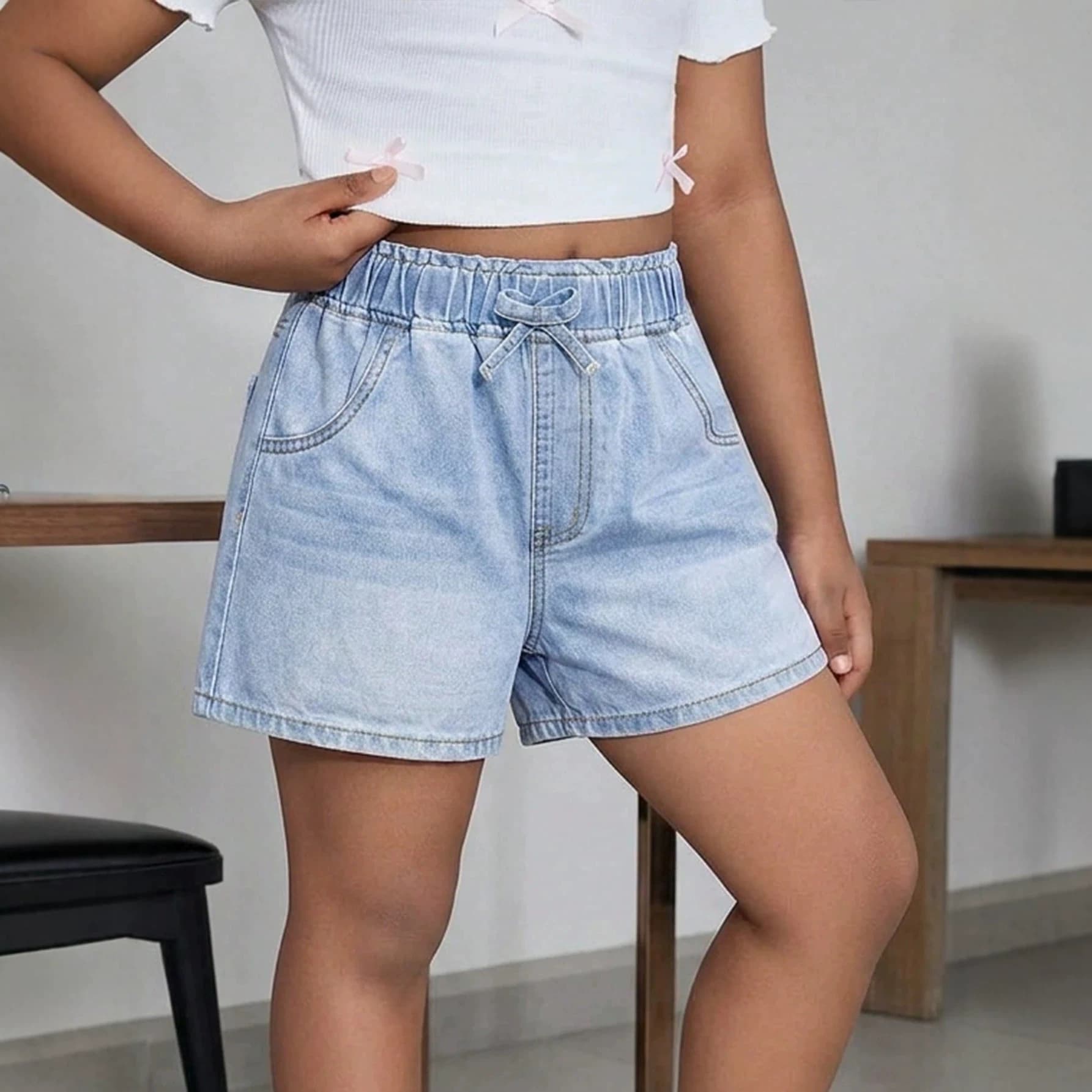 2026 New Model Cross-Border Exclusive Casual Denim Shorts for Teenage Girls with Bowknot Elastic Waistband Export Hot Pants