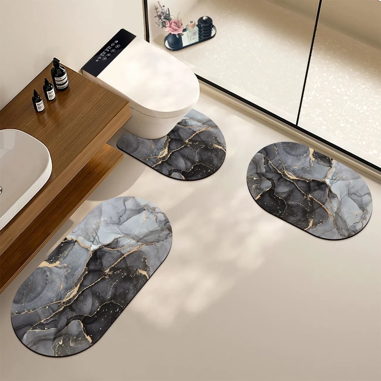 Marble Bathroom 3-Piece Set Floor Mat U-Shaped Toilet Foot Pad Absorbent Mat Household Carpet Bathroom Trimmable Mat