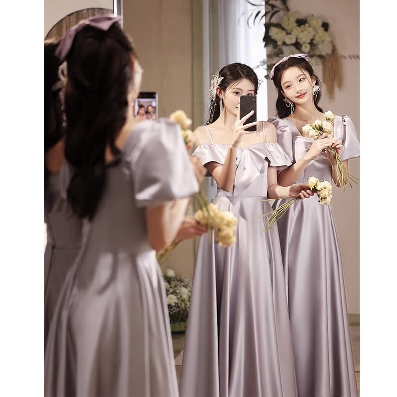 2024 New Summer Satin High-End Bridesmaid Dress for Wedding Party, Women's Gray Purple Host Performance Dress