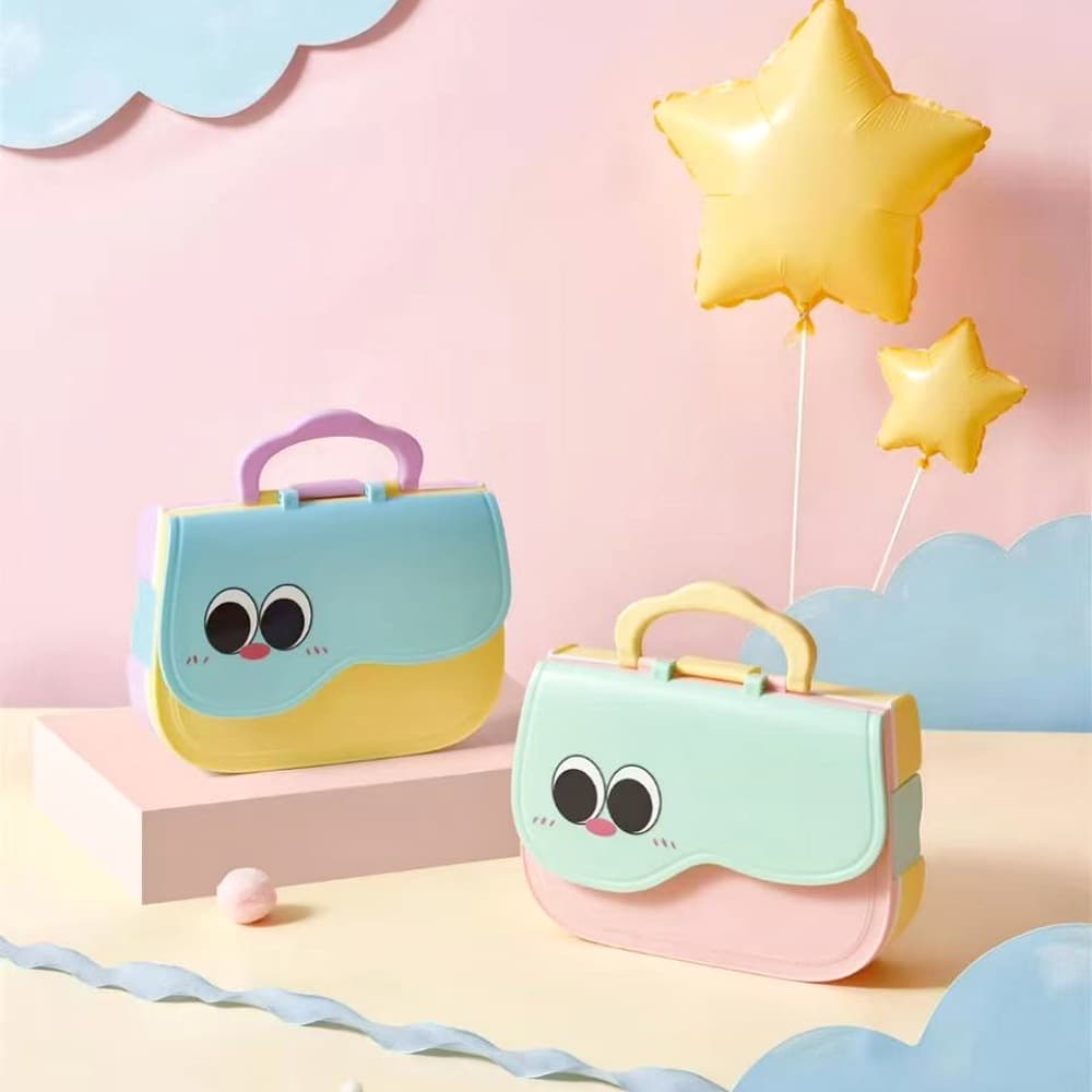 Big-eyed handbag lunch box primary school student plastic lunch box double-layer compartment lunch box portable plastic lunch box cross-border