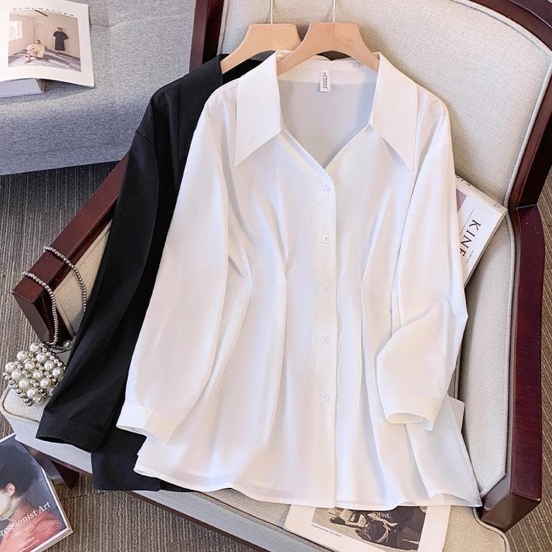 Plus Size Slimming Concealing Belly Fashion Long-Sleeve Shirt Elegant Women's Turn-Down Collar New Spring/Autumn Mid-Length Blouse for Curvy Ladies