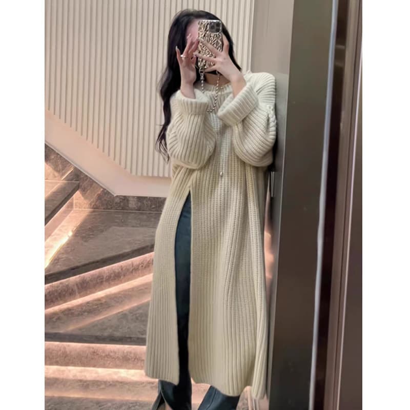 Korean Lazy Style Knit Dress for Women 2024 Spring/Fall New Loose Pullover Side Slit Over-the-Knee Mid-Length Sweater Dress