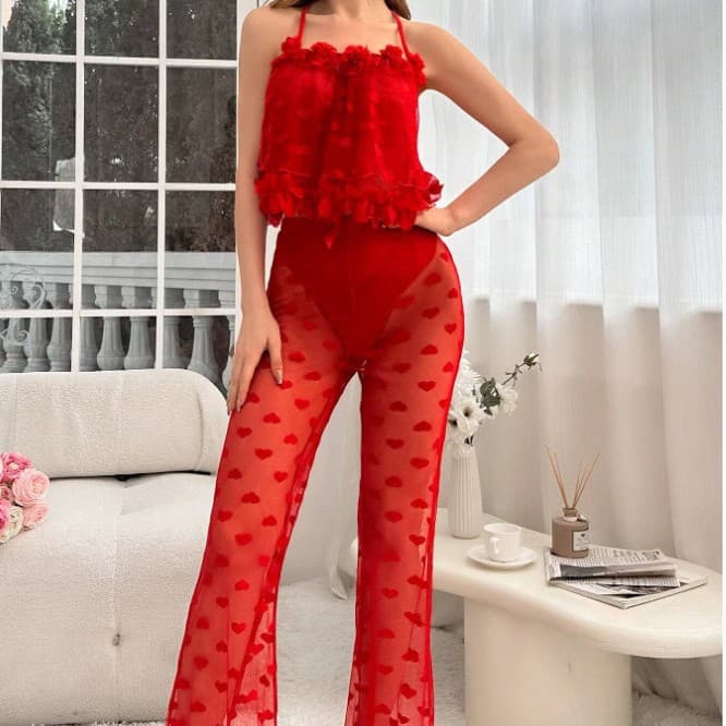 Cross-border Trade New Sexy Lingerie Set for Women, Mesh Heart Print Long Pants and Camisole, Wholesale
