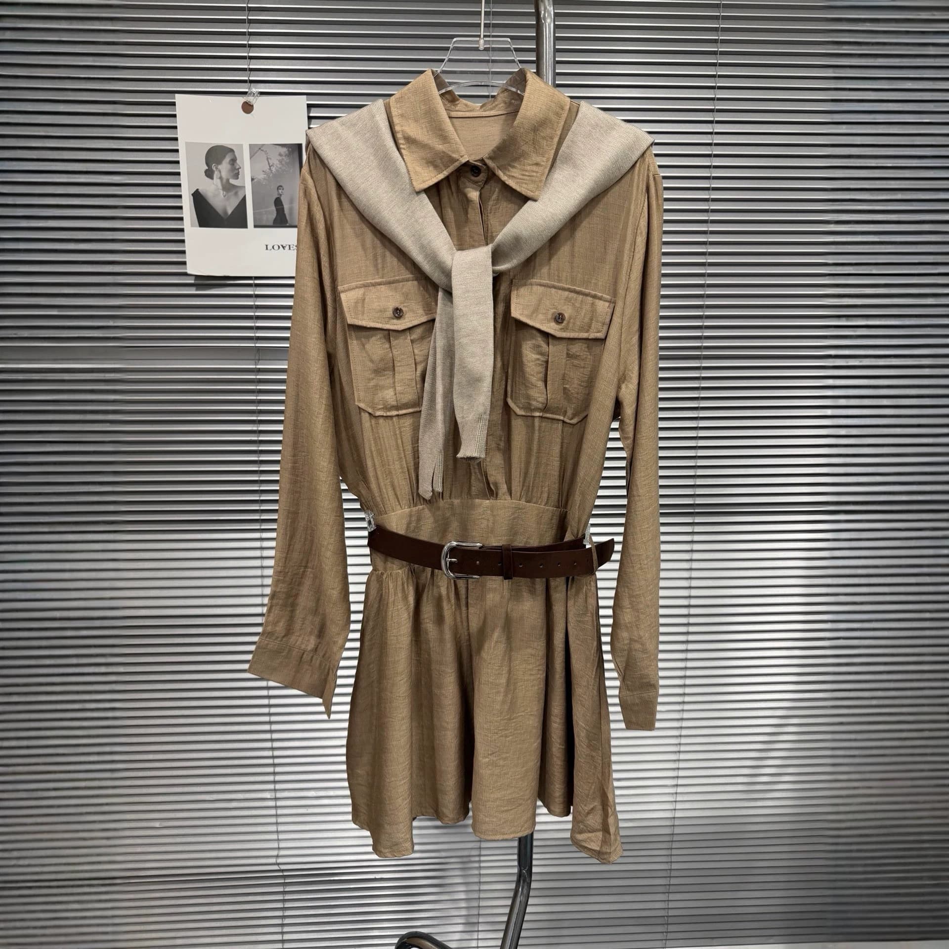 2026 Early Autumn New Style Lazy Casual Utility Shirt Dress with Waist Cinching Niche Knit Shawl Two-Piece Set