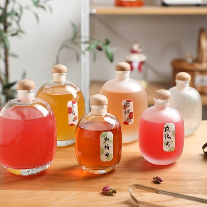 High-Quality Aesthetic Homemade Fruit Wine Dispensing Bottle, Leak-Proof Round-Bellied Frosted Thick Glass Empty Wine Bottle